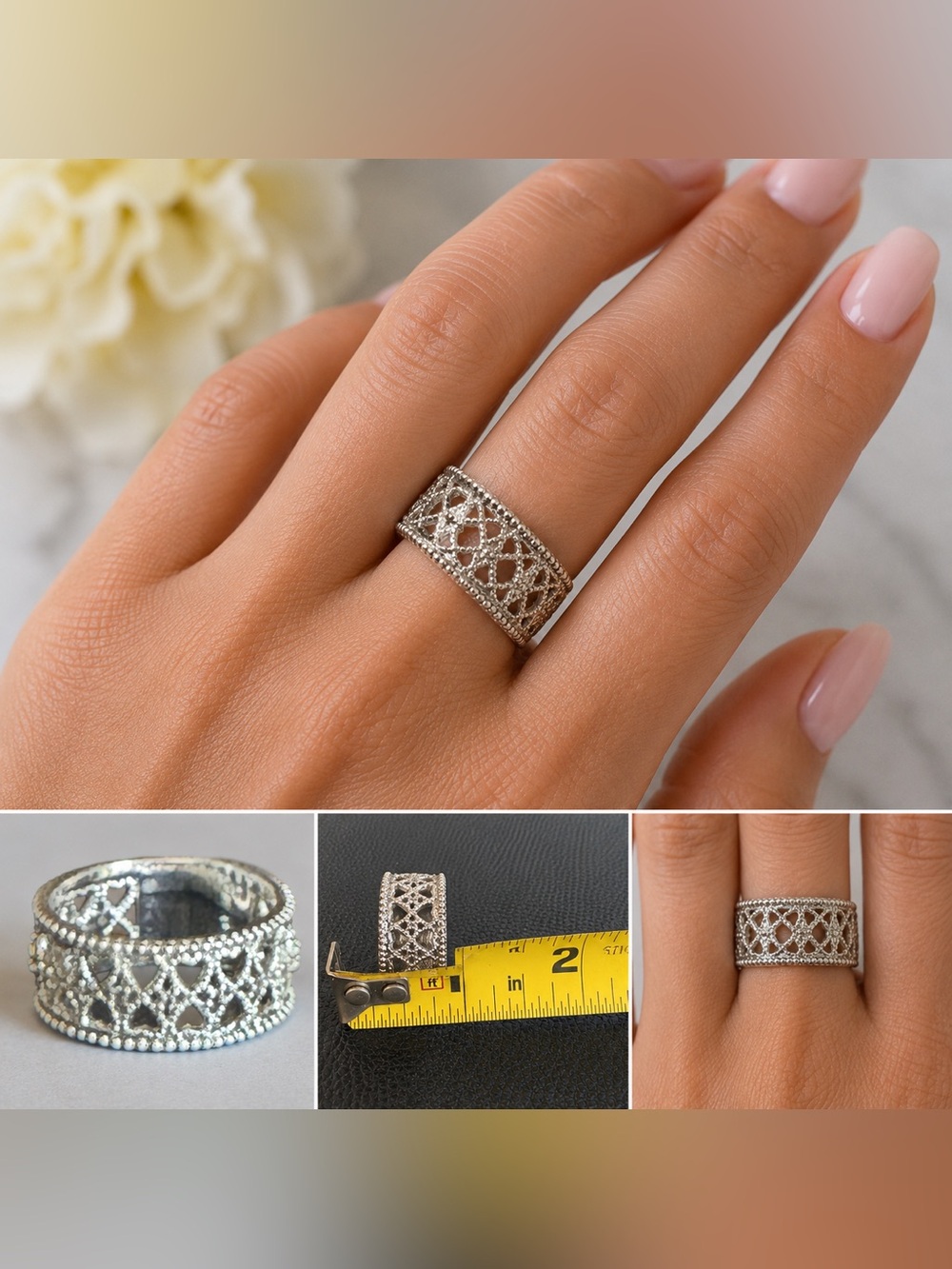 Silver Tone Filigree Heart Band Ring Size 7